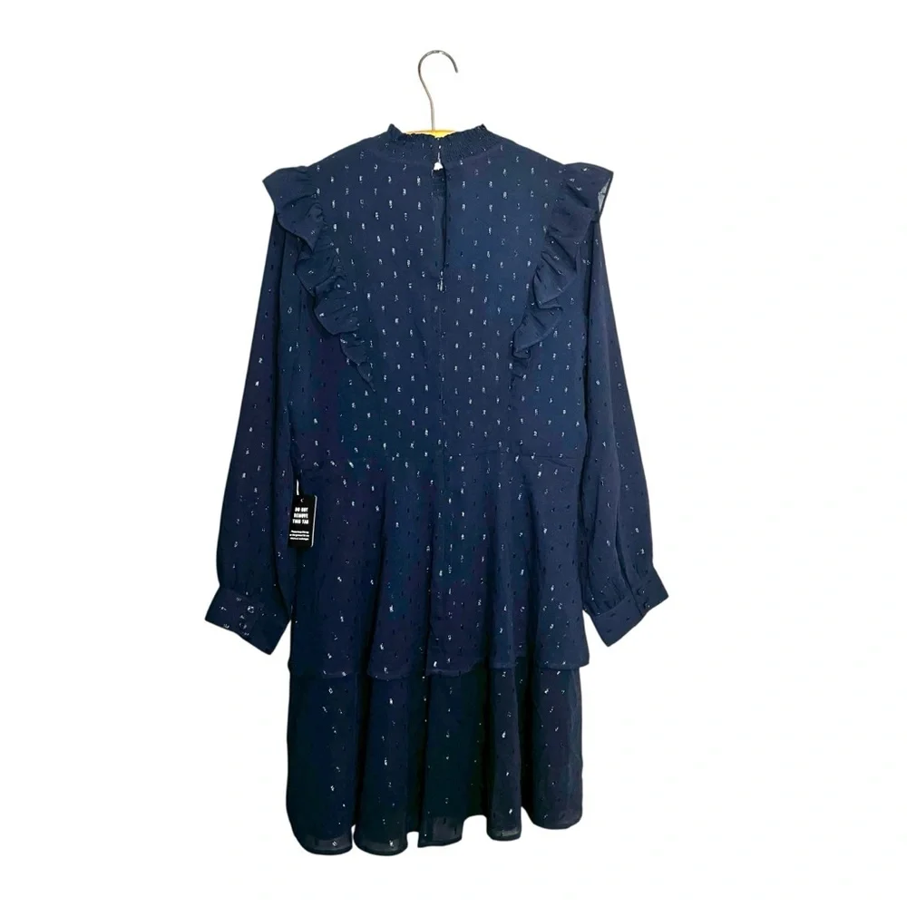 NWT Express Dark Blue Navy Sparkly Dress with Ruffle Sleeves and Keyhole Back - Picture 2 of 11